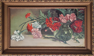 Image of Still Life of White, Pink, and Red Carnations in a Vase