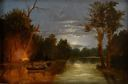 Image of Evening landscape with fire and boat verso "Red Rock Landscape"