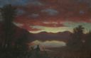 Image of Evening Landscape with Mountains, Lake and Haystacks